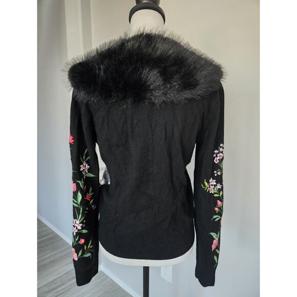 Johnny Was Wool Cashmere Embroidered Floral Vista Faux Fur Collar Cardigan Sz S - Picture 5 of 16